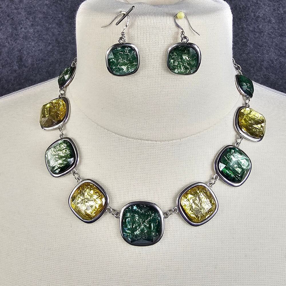 Chunky Demi Parure Necklace Earrings Set 90's Vintage Foil Backed Green Yellow